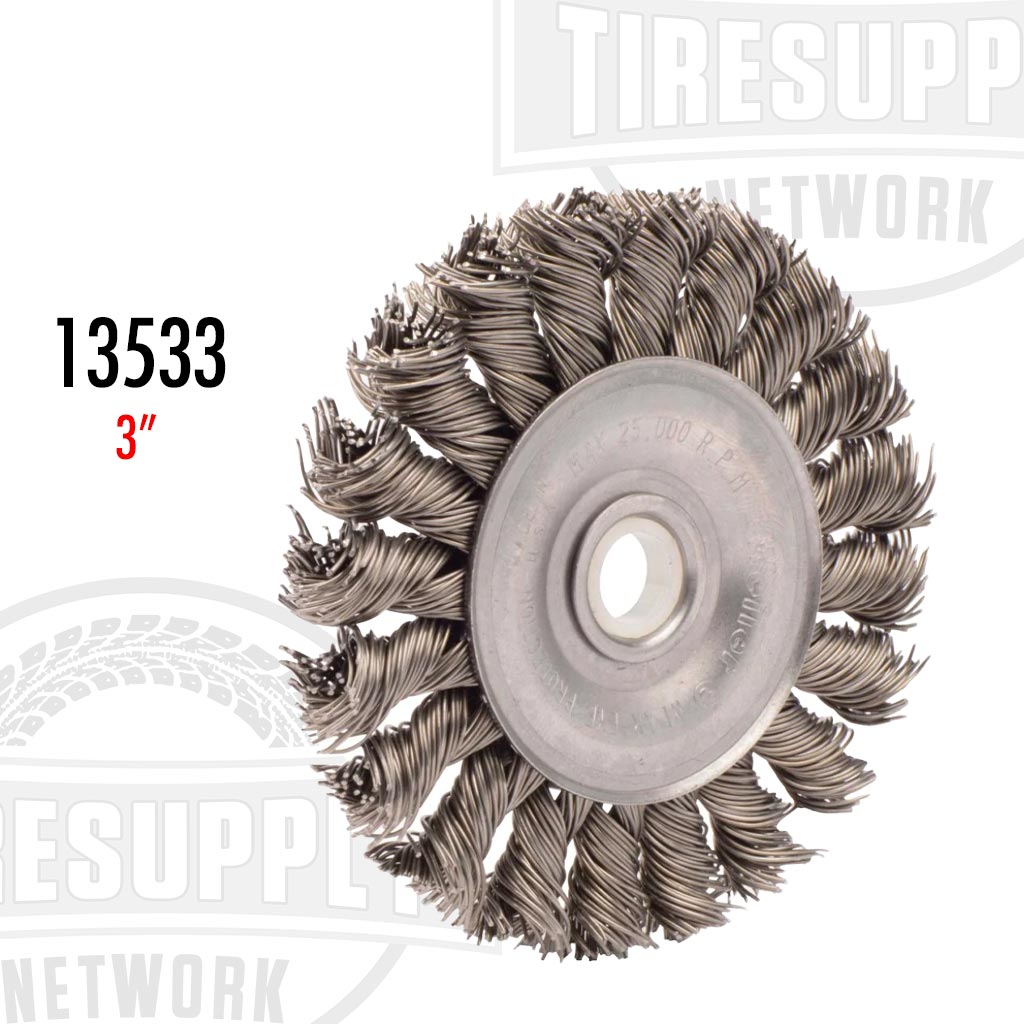 Steel Twist Knot 3″ Wire Wheel, .020″ Wire Gauge, 1/2″-3/8″ Arbor