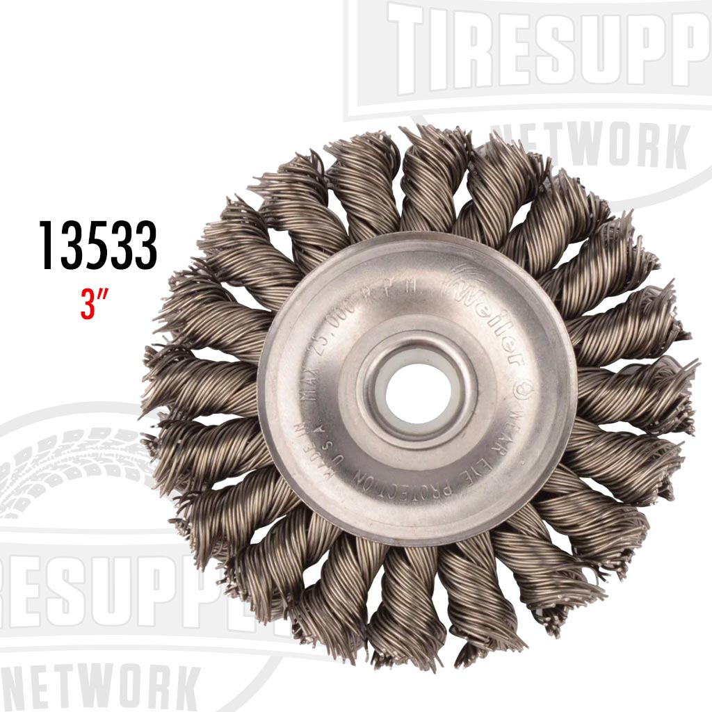Steel Twist Knot 3″ Wire Wheel, .020″ Wire Gauge, 1/2″-3/8″ Arbor Hole (13533)