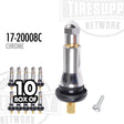 A box of 10 chrome snap-in TPMS valves for GM vehicles, including a single valve shown alongside the box. 17-20008C