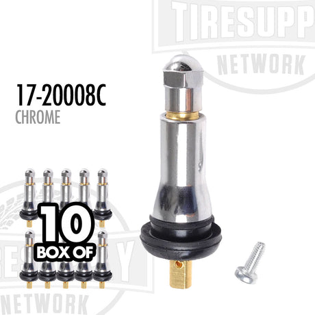 A box of 10 chrome snap-in TPMS valves for GM vehicles, including a single valve shown alongside the box. 17-20008C