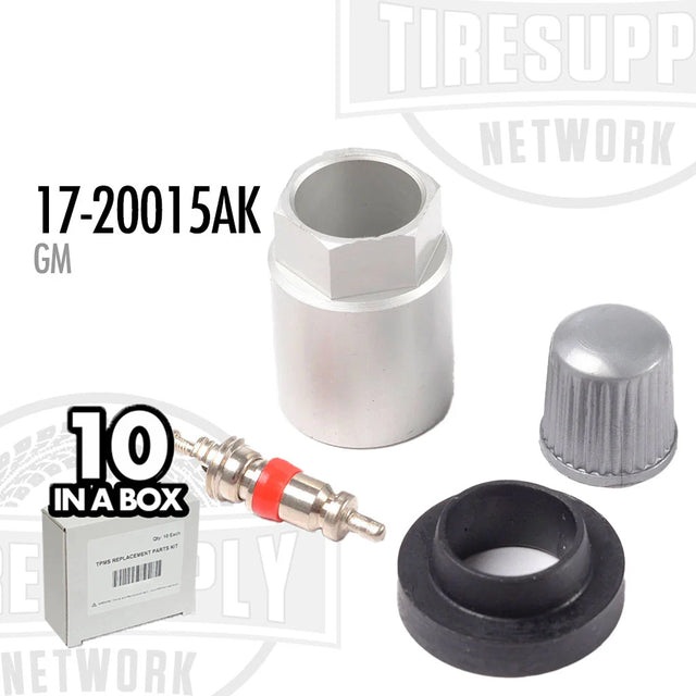 A box of 10 TPMS service kits, each containing components such as valve stems, grommets, and caps, labeled for GM vehicles. 17-20015AK