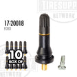A box of 10 black snap-in TPMS valves with gold detailing, labeled for Ford vehicles, accompanied by a TORX screw. 17-20018