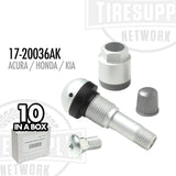 A box of 10 TPMS service kits including various components for Acura, Honda, and Kia vehicles. 17-20036AK