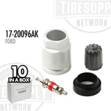 TPMS Service Kit components displayed, including valve stems and hardware, with a box labeled '10 in a box' and 'FORD'. 17-20096AK