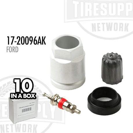 TPMS Service Kit components displayed, including valve stems and hardware, with a box labeled '10 in a box' and 'FORD'. 17-20096AK