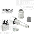TPMS Service Kit components displayed alongside their packaging, indicating a box of 10 pieces for Audi and Mercedes vehicles. 17-20203AK
