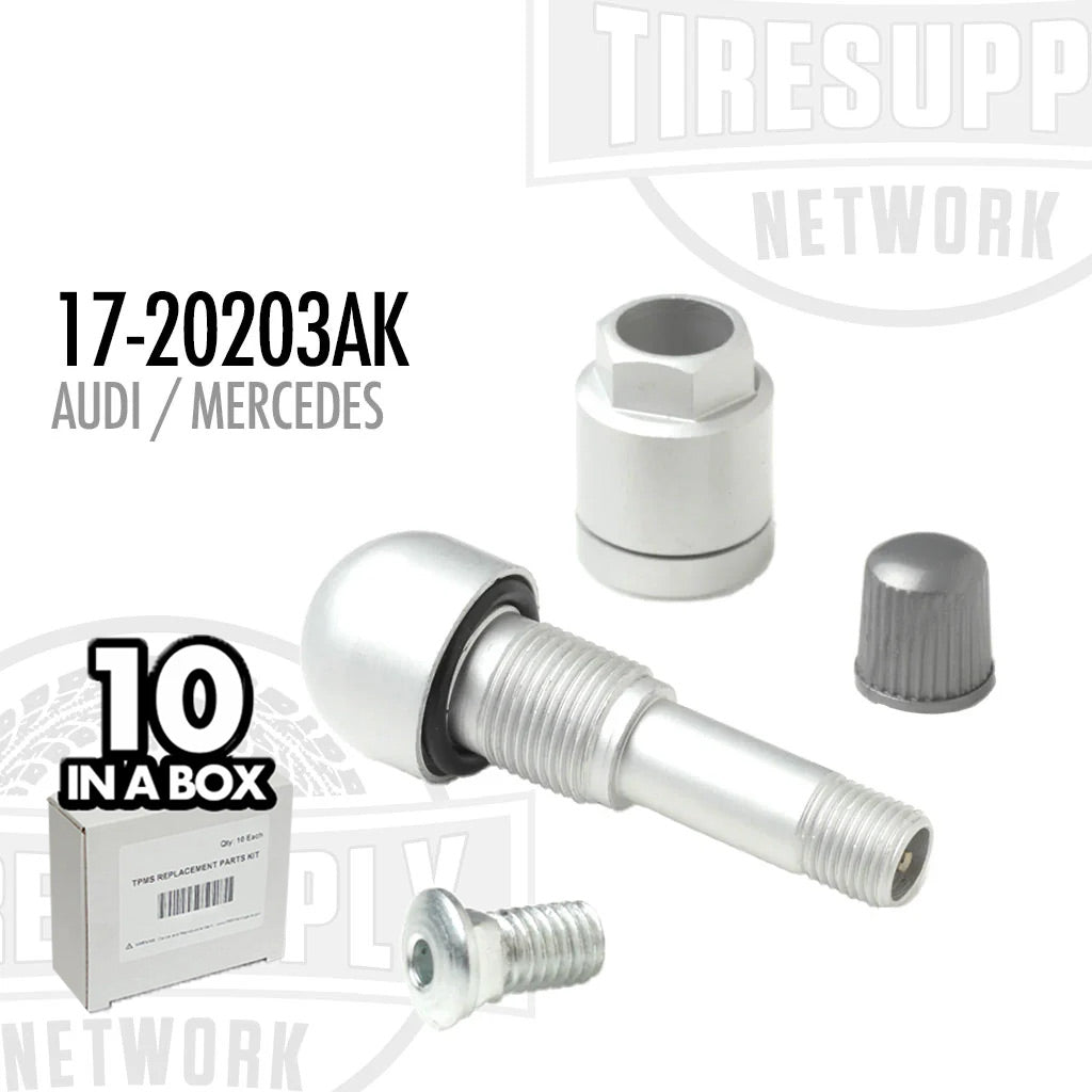 TPMS Service Kit components displayed alongside their packaging, indicating a box of 10 pieces for Audi and Mercedes vehicles. 17-20203AK