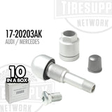 TPMS Service Kit components displayed alongside their packaging, indicating a box of 10 pieces for Audi and Mercedes vehicles. 17-20203AK