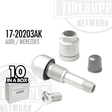 TPMS Service Kit components displayed alongside their packaging, indicating a box of 10 pieces for Audi and Mercedes vehicles. 17-20203AK