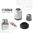 TPMS Service Kit components displayed, including a sensor, valve stem, and additional parts, with packaging indicating '10 in a box' for Hyundai, Honda, and Kia vehicles. 17-20206AK