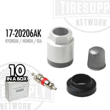 TPMS Service Kit components displayed, including a sensor, valve stem, and additional parts, with packaging indicating '10 in a box' for Hyundai, Honda, and Kia vehicles. 17-20206AK