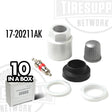 A box of 10 TPMS service kits, each containing various components such as valve caps, valve cores, sensor nuts, and EPDM grommets, against a white background. 17-20211AK