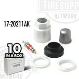 A box of 10 TPMS service kits, each containing various components such as valve caps, valve cores, sensor nuts, and EPDM grommets, against a white background. 17-20211AK