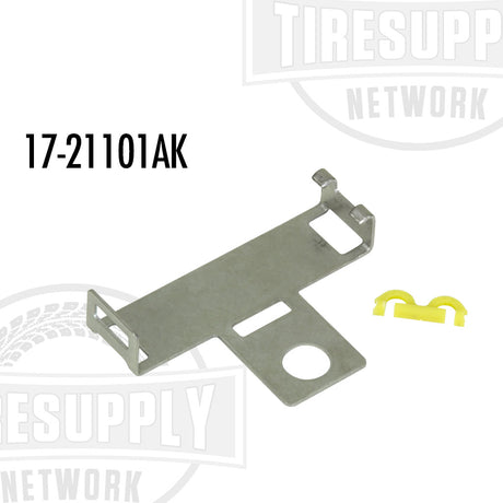 TPMS Metal Cradle with Clip, mostly silver in color, with a yellow clip included. 17-21101