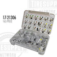 A plastic case containing 165 replacement parts for TPMS sensors, with various components displayed in compartments. 17-21306