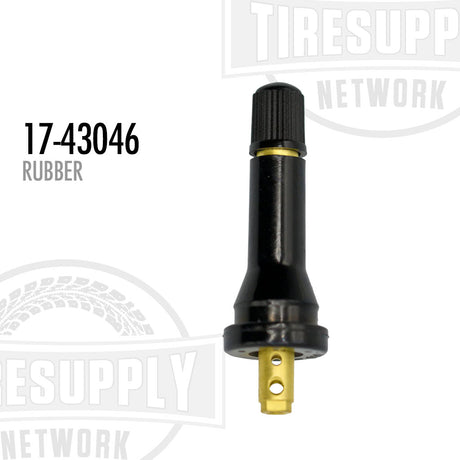 Rubber snap-in replacement valve for TPMS smart sensor, black in color, with a gold connector at the base. 17-43046