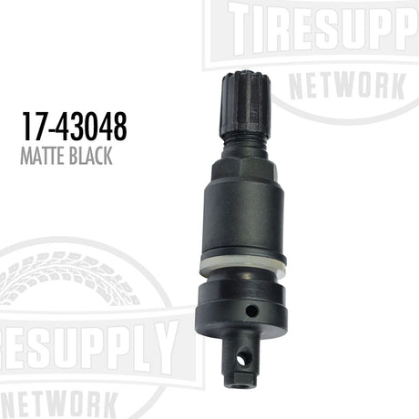 Matte black finish clamp-in replacement valve for TPMS smart sensor, displayed against a white background with the product number 17-43048 visible.