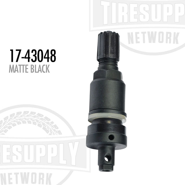 Matte black finish clamp-in replacement valve for TPMS smart sensor, displayed against a white background with the product number 17-43048 visible.
