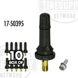 A box of 10 black snap-in TPMS valves with a Ram square end, including a single valve shown alongside the box, with a visible TORX screw. 17-50395