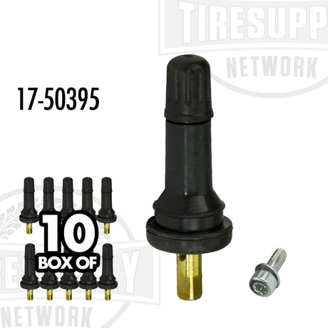 A box of 10 black snap-in TPMS valves with a Ram square end, including a single valve shown alongside the box, with a visible TORX screw. 17-50395