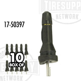 A box containing 10 pieces of Continental Sensors TPMS Snap-In Valves, with an individual valve shown in the foreground. 17-50397
