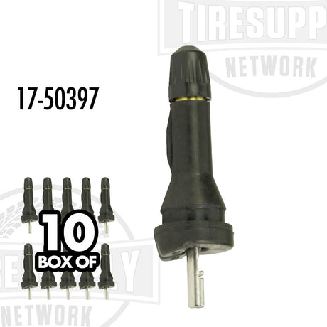 A box containing 10 pieces of Continental Sensors TPMS Snap-In Valves, with an individual valve shown in the foreground. 17-50397