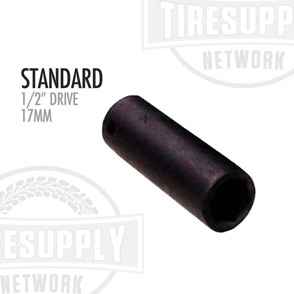 A black 1/2 inch drive x 17mm impact socket tool, with text indicating it's a standard size drive. 2017M