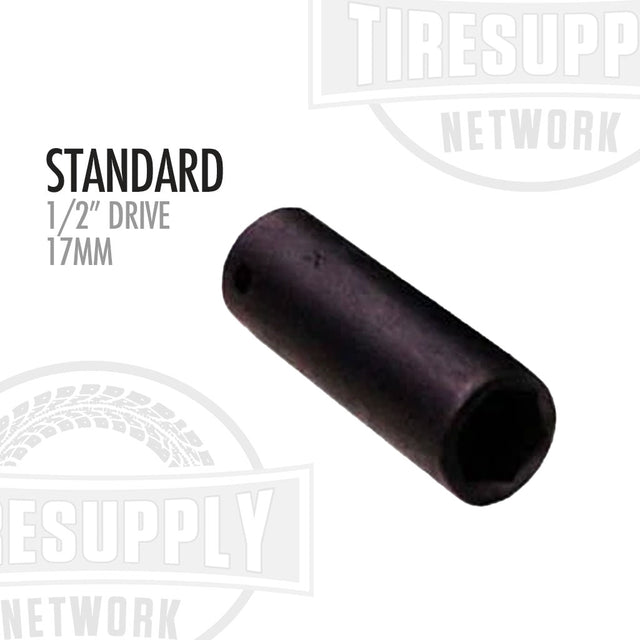 A black 1/2 inch drive x 17mm impact socket tool, with text indicating it's a standard size drive. 2017M