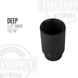 A black 1/2 inch drive deep impact socket with 15/16 inch size displayed on it. 230D