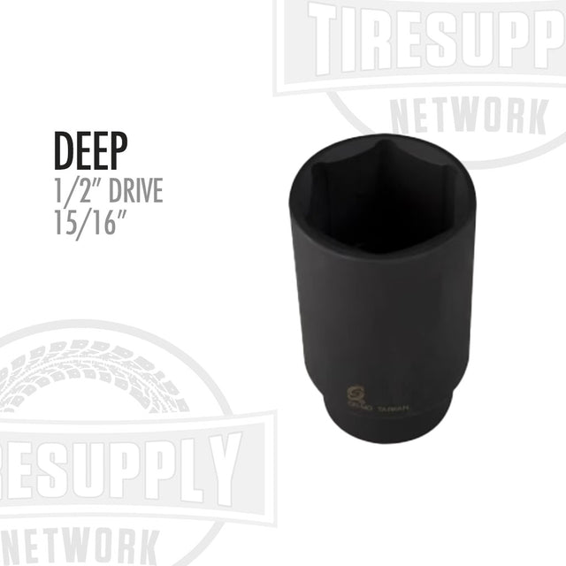 A black 1/2 inch drive deep impact socket with 15/16 inch size displayed on it. 230D