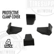 Four black protective clamp covers arranged on a white background with text reading 'PROTECTIVE CLAMP COVER' and '4 PACK'. Faint Tiresupp Network branding is visible in the background.