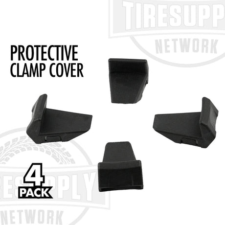 Four black protective clamp covers arranged on a white background with text reading 'PROTECTIVE CLAMP COVER' and '4 PACK'. Faint Tiresupp Network branding is visible in the background.