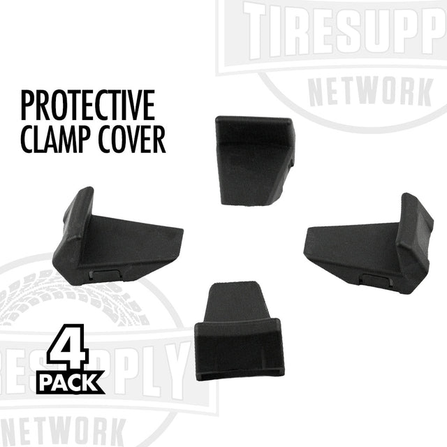Four black protective clamp covers arranged on a white background with text reading 'PROTECTIVE CLAMP COVER' and '4 PACK'. Faint Tiresupp Network branding is visible in the background.