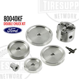 Double Chuck Kit components including a Ford F-150 bushing and various backing plates, arranged on a white background with the product number 80040KF visible.
