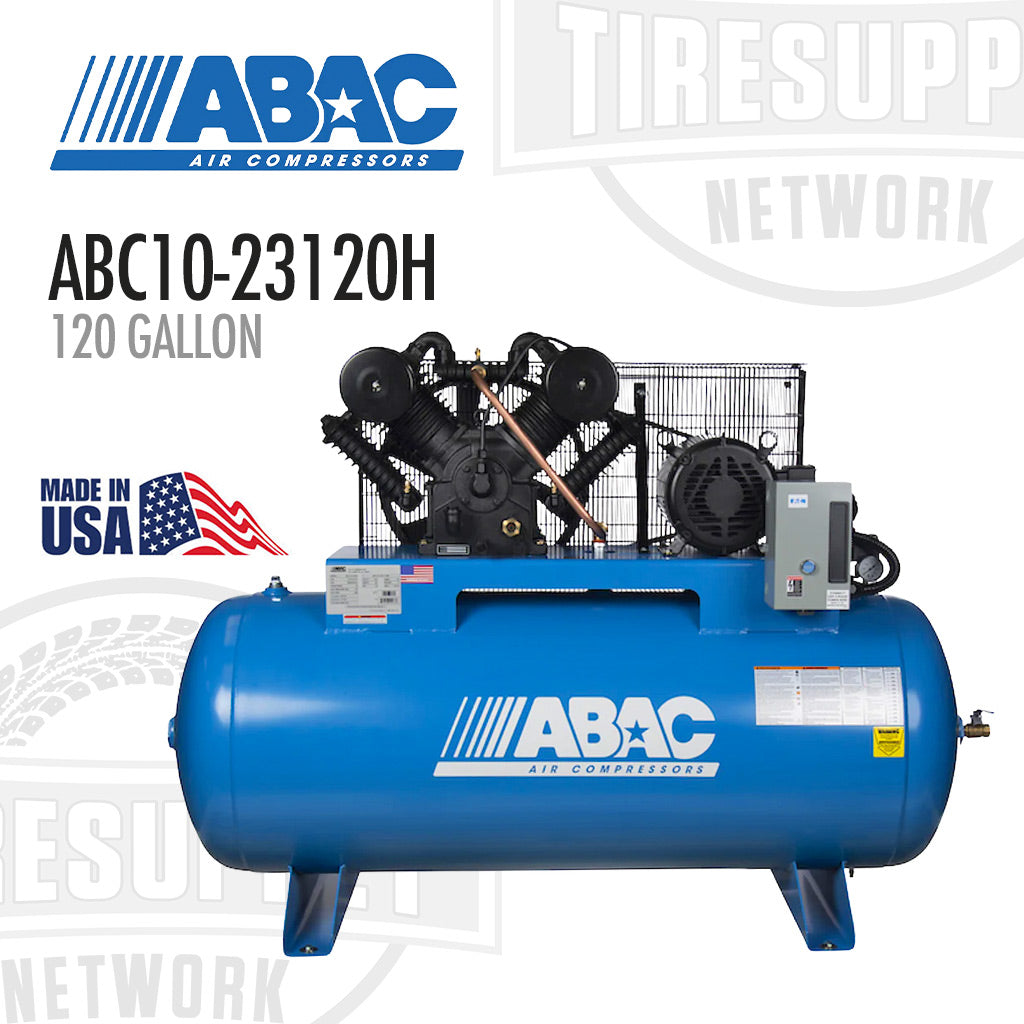 ABAC air compressor with branding and product details on a white background