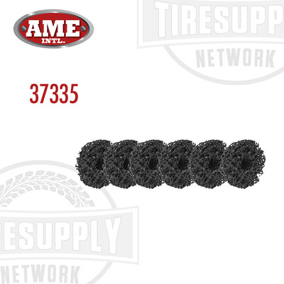 A pack of six black replacement discs for AME HubBuddy XL Lug&Disc Surface Cleaner, displayed against a white background with the AME logo and product reference 37335.