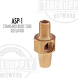 A brass-colored metal tube deflator aspirator with the label 'ASP-1 Standard Bore Tube Deflator' printed on it.