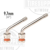Two Alcoa tubeless truck valve stems with a 60 degree bend angle and a 9.7mm hole, one with a hex nut labeled TV-554D and the other with a hex nut labeled TV-555D.