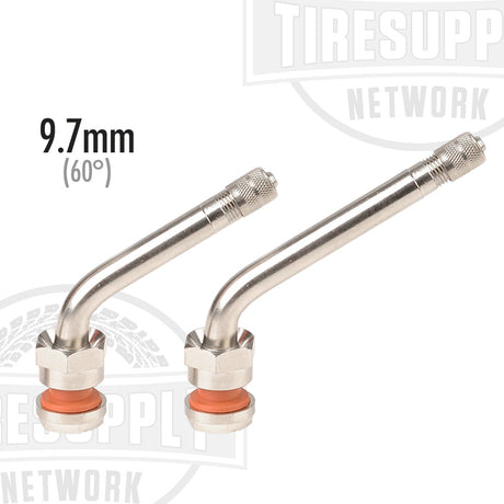 Two Alcoa tubeless truck valve stems with a 60 degree bend angle and a 9.7mm hole, one with a hex nut labeled TV-554D and the other with a hex nut labeled TV-555D.