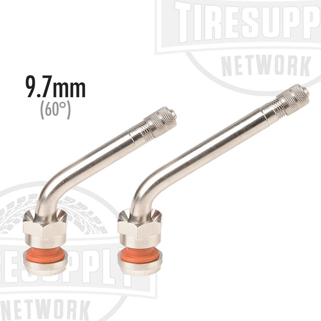 Two Alcoa tubeless truck valve stems with a 60 degree bend angle and a 9.7mm hole, one with a hex nut labeled TV-554D and the other with a hex nut labeled TV-555D.