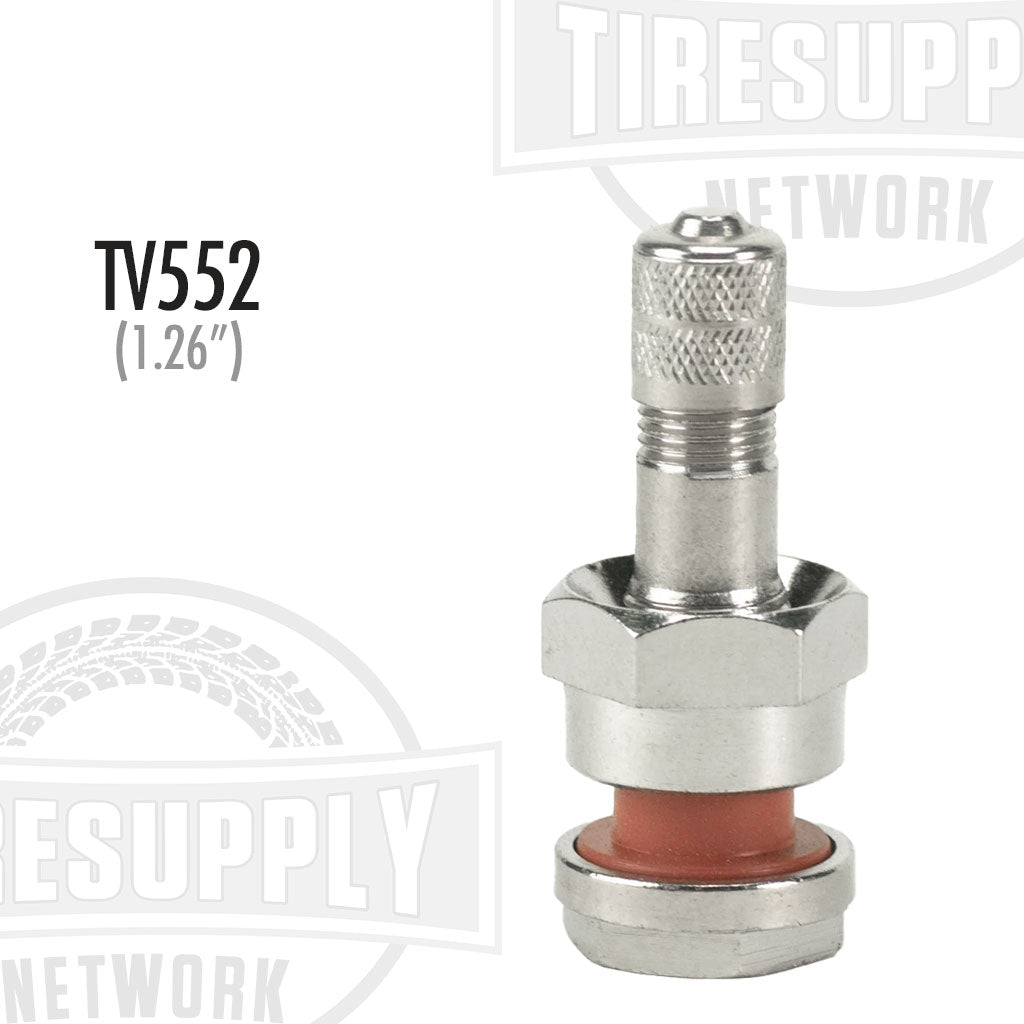 Alcoa Grommet Seal Tubeless Truck Valve Stem with a visible red grommet and silver metal stem, labeled TV-552, against a white background.