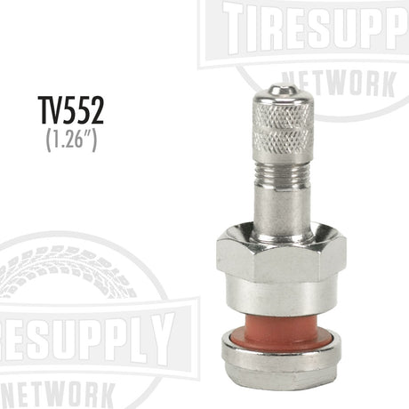 Alcoa Grommet Seal Tubeless Truck Valve Stem with a visible red grommet and silver metal stem, labeled TV-552, against a white background.