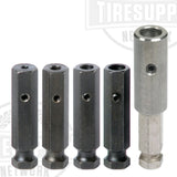 A set of quick change adapters for carbide cutters, including various sizes displayed horizontally, with a larger adapter on the right side.