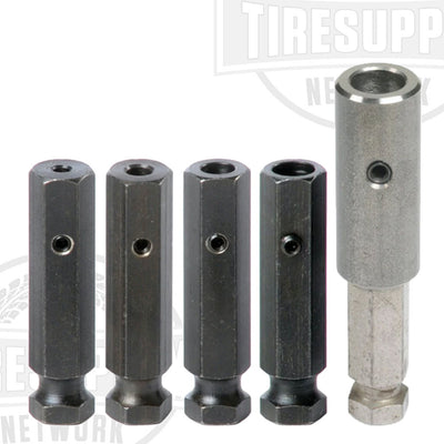 A set of quick change adapters for carbide cutters, including various sizes displayed horizontally, with a larger adapter on the right side. 14-332. 14-333. 14-334. 335. RE5196593.