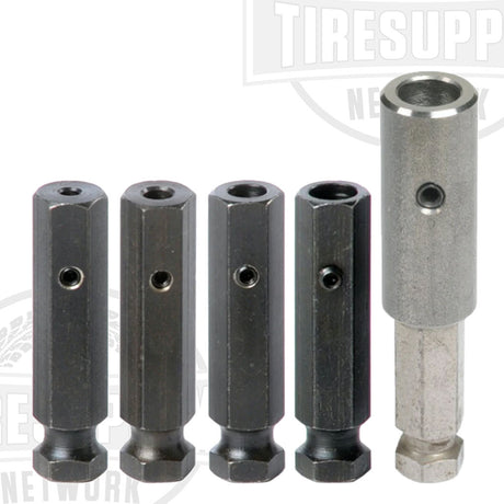 A set of quick change adapters for carbide cutters, including various sizes displayed horizontally, with a larger adapter on the right side.