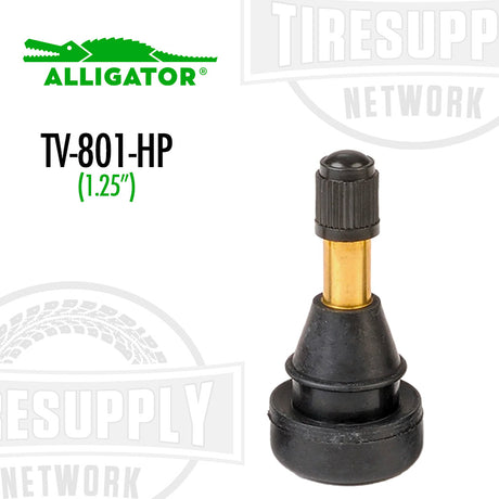 A black Alligator brand EHA high pressure snap-in valve stem designed for a .625 inch rim hole, with the model number TV-801-HP displayed.