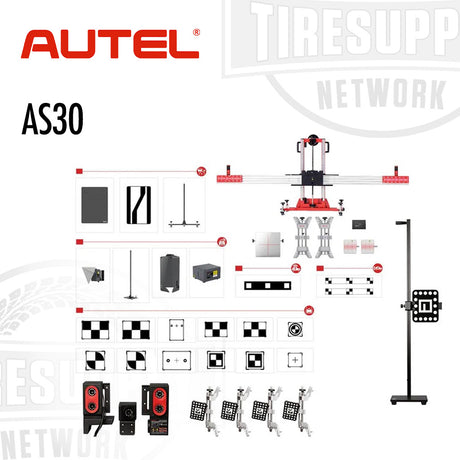 Autel AS30 tire equipment set with various components on a white background