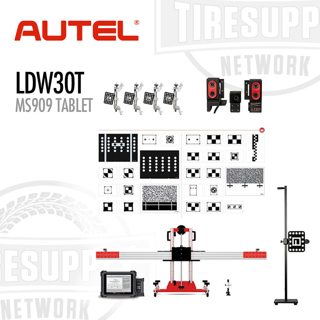 Autel LDW30T MS909 Tablet with tire pressure measurement equipment on a white background