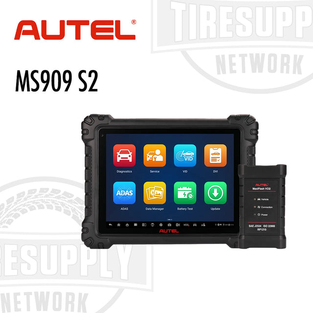 Autel MS909 S2 diagnostic tool with Autel and TIRESUPPLY Network logos on a white background