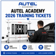 Promotional graphic for Autel Academy 2026 training tickets, featuring a white and black Autel training cart, a person using a tablet, and a black car in a studio setting, with Autel Academy branding and course highlights at the bottom.